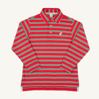 A long-sleeve polo shirt with horizontal red, green, and white stripes, featuring a small embroidered white bird logo on the left chest, set against a plain off-white background.