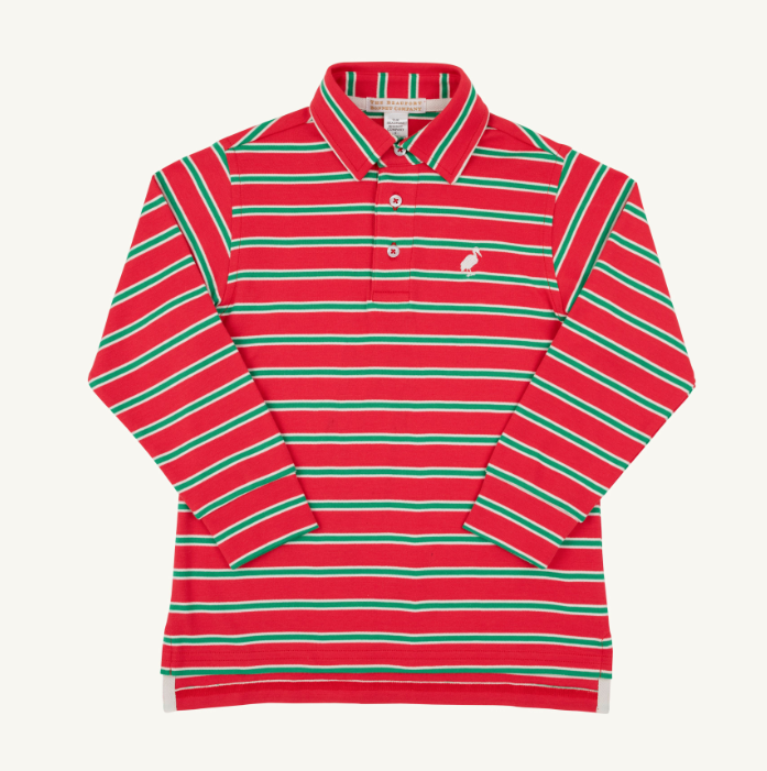 A long-sleeve polo shirt with horizontal red, green, and white stripes, featuring a small embroidered white bird logo on the left chest, set against a plain off-white background.