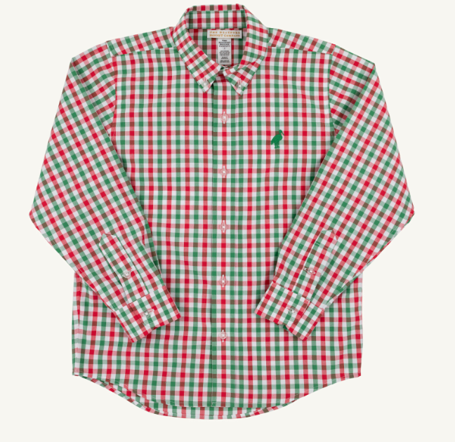 A long-sleeve button-down shirt with a red and green gingham check pattern, featuring a small embroidered green polo player logo on the left chest, laid flat against a light off-white background.