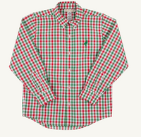 A long-sleeve button-down shirt with a red and green gingham check pattern, featuring a small embroidered green polo player logo on the left chest, laid flat against a light off-white background.