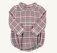 A long-sleeve baby romper with a festive red, green, and white plaid pattern, featuring a Peter Pan collar and elasticized leg openings, shown flat against a light cream background.
