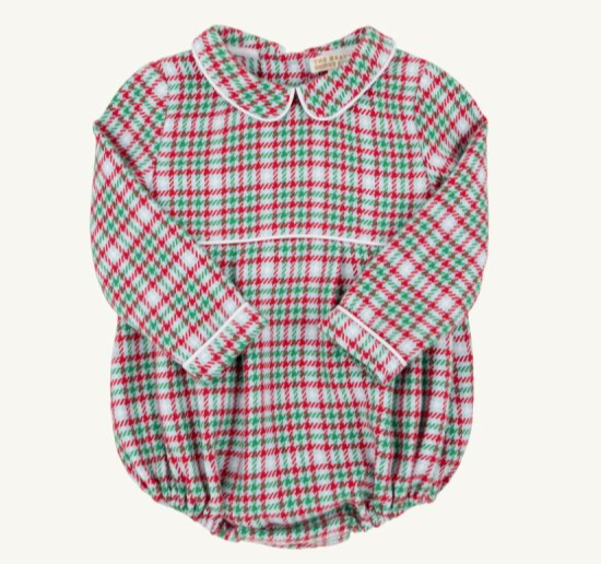 A long-sleeve baby romper with a festive red, green, and white plaid pattern, featuring a Peter Pan collar and elasticized leg openings, shown flat against a light cream background.