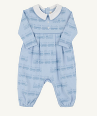 A baby's long-sleeve footless one-piece jumpsuit in light blue with a repeating train pattern, featuring a contrasting white Peter Pan collar and snap-button placket.