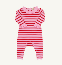 A baby knit one-piece romper with horizontal pink and red stripes, featuring a ruffled Peter Pan collar, long sleeves with ruffled cuffs, and snap closures at the crotch.