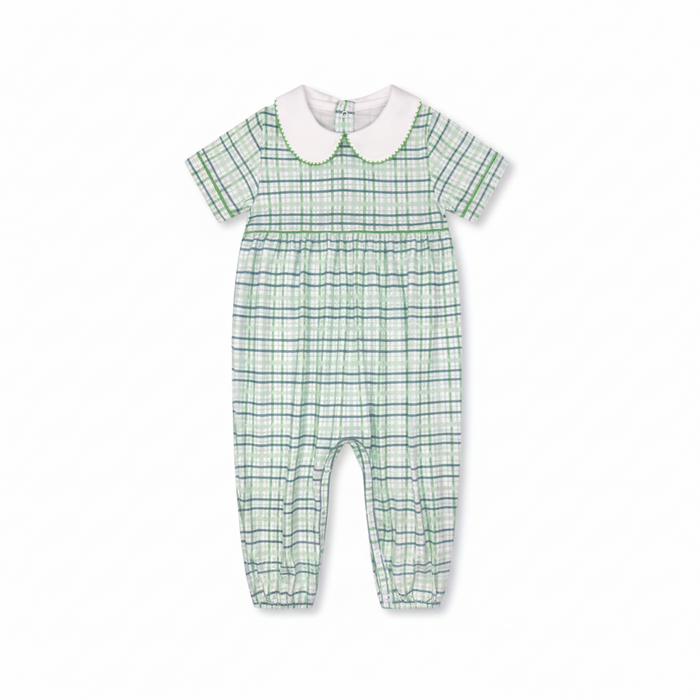 A baby romper with a green and white plaid pattern, featuring a white Peter Pan collar with green trim, displayed on a solid gray background.