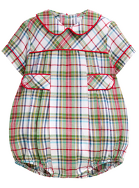 A short-sleeve baby romper in a festive plaid pattern of green, red, blue, and white, featuring a Peter Pan collar and buttoned chest pockets.