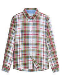 A long-sleeve button-up plaid shirt with a white base and intersecting red, green, and light blue lines, shown flat against a white background.