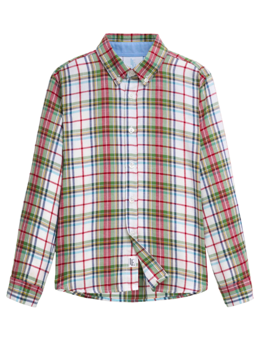 A long-sleeve button-up plaid shirt with a white base and intersecting red, green, and light blue lines, shown flat against a white background.