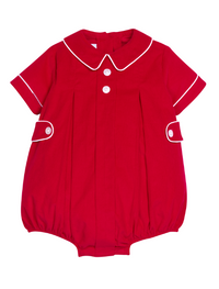 A red short-sleeve baby romper with white piping, a Peter Pan collar, and three white buttons down the front, shown on a plain white background.