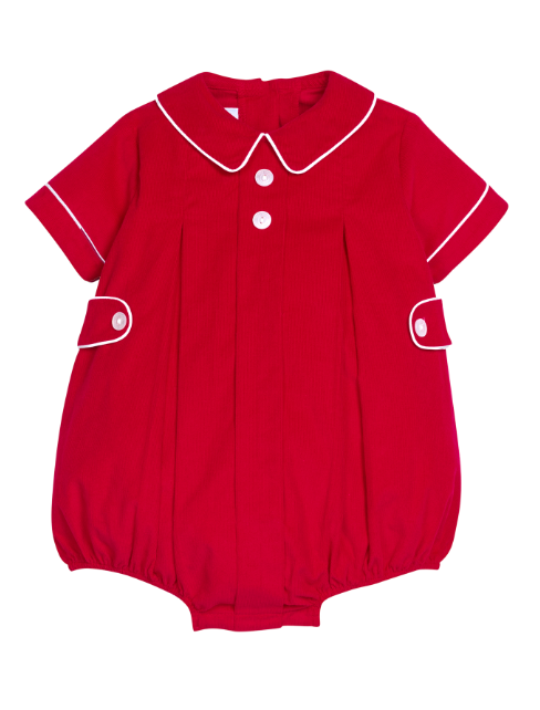 A red short-sleeve baby romper with white piping, a Peter Pan collar, and three white buttons down the front, shown on a plain white background.