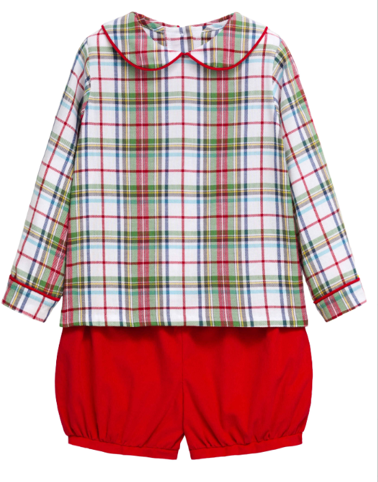 A children's two-piece outfit featuring a long-sleeve plaid top with a Peter Pan collar and red trim, paired with solid red puff shorts, shown on a plain white background.