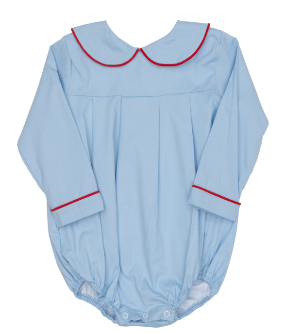 A light blue long-sleeve baby bodysuit with a Peter Pan collar and red piping trim, shown flat on a white background.