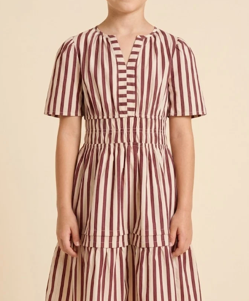 Hayden Girls Pleated Skirt Detail Striped Dress Burgundy