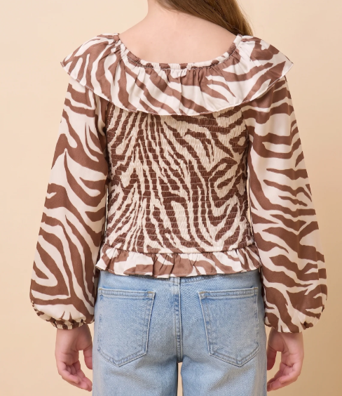 Hayden Girls Zebra Print Ruffle Detail Smocked top