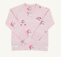 A pink and white striped long-sleeve pajama top with a repeating pattern of cartoon Santa Claus figures, photographed flat against a light cream background.