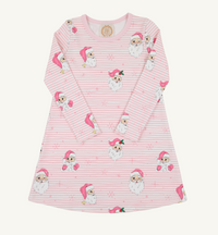 A pink long-sleeve baby dress with horizontal stripes and an all-over print of cute cartoon Santa Claus characters, shown flat against a light cream background.