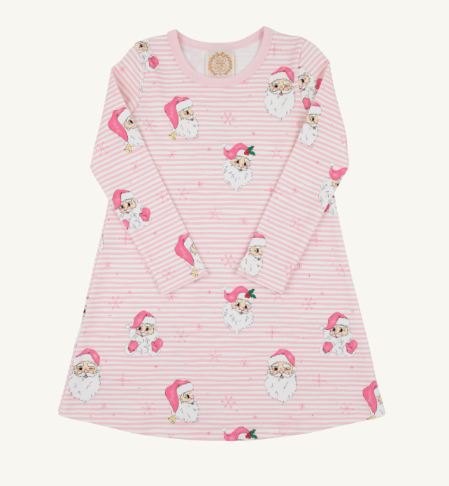 A pink long-sleeve baby dress with horizontal stripes and an all-over print of cute cartoon Santa Claus characters, shown flat against a light cream background.