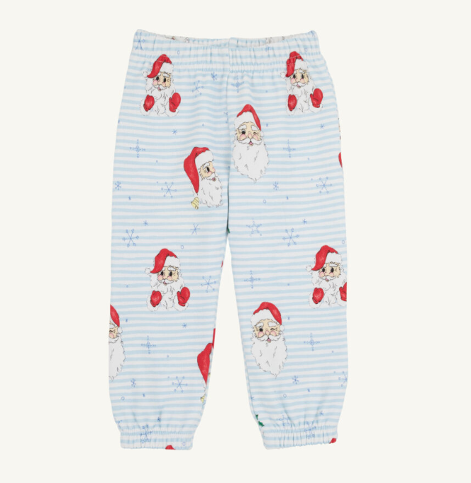 Light blue and white striped pajama pants with an all-over Santa Claus print, featuring elastic waist and cuffed ankles.