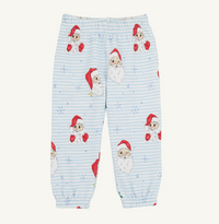 Light blue and white striped pajama pants with an all-over Santa Claus print, featuring elastic waist and cuffed ankles.