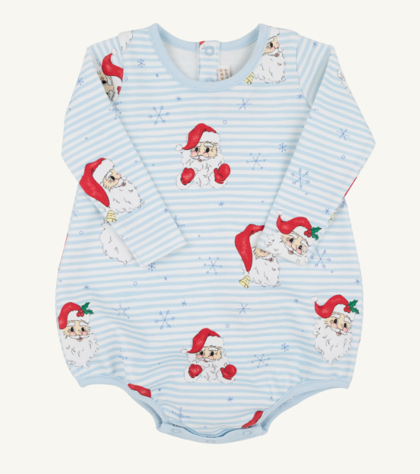 A baby long-sleeve bodysuit with light blue and white horizontal stripes, featuring a repeating pattern of cartoon Santa Claus figures and small blue snowflakes.