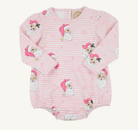A long-sleeve baby bodysuit in light pink and white stripes, decorated with a repeating pattern of Santa Claus faces wearing pink hats and small white snowflakes.