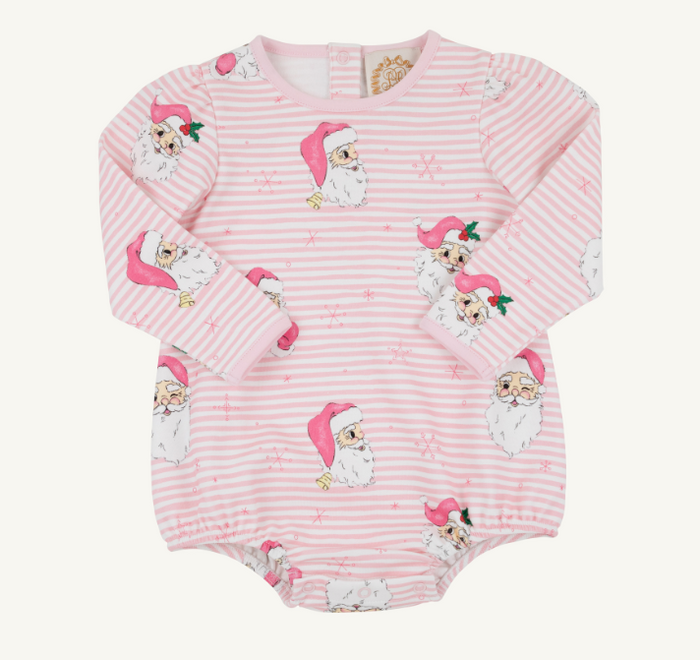 A long-sleeve baby bodysuit in light pink and white stripes, decorated with a repeating pattern of Santa Claus faces wearing pink hats and small white snowflakes.