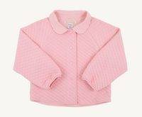 A pink quilted cardigan with a rounded Peter Pan collar and button-front closure, laid flat on a light cream background. The brand label inside the collar reads 'The Petites Paris'.