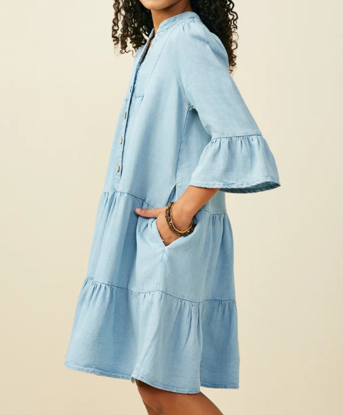 Hayden Girls Washed Detail Ruffle Sleeve Tencel Dress Light Denim