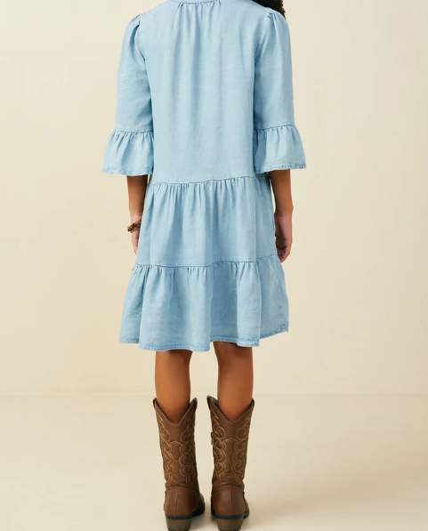 Hayden Girls Washed Detail Ruffle Sleeve Tencel Dress Light Denim
