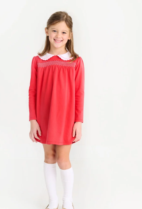 TBBC Long Sleeve Smocked Holly Day Dress Richmond Red/ Worth Ave White