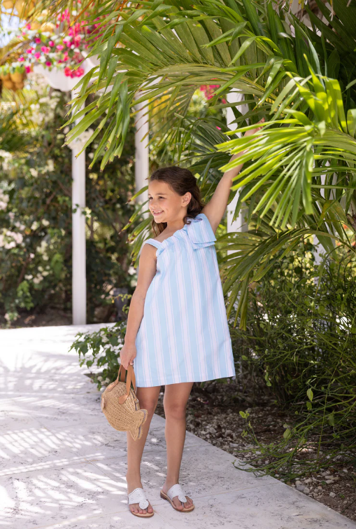 TBBC MAEBELLE BOW DRESS BELHAVEN BLUE TICKING STRIPE