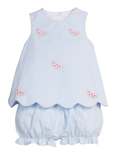 Light blue checkered dress with ruffled bottom and watermelon designs on a white background
