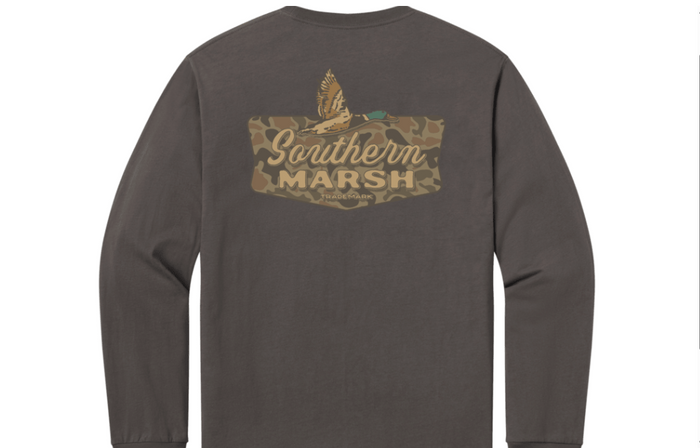 A dark brown long-sleeve t-shirt shown from the back, featuring a camouflage graphic with a duck and the text 'Southern Marsh' on the upper back.