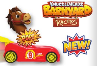 A promotional graphic for Knuckleheadz Barnyard Racers featuring a red toy race car with yellow wheels, a cartoon horse, and large 'NEW!' and 'Knuckleheadz Barnyard Racers' text on a white background.