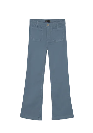 A pair of blue denim jeans with a straight-leg or bootcut fit, laid flat against a light gray background. The jeans feature classic five-pocket styling with a button closure and belt loops.