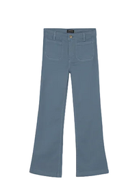 A pair of blue denim jeans with a straight-leg or bootcut fit, laid flat against a light gray background. The jeans feature classic five-pocket styling with a button closure and belt loops.