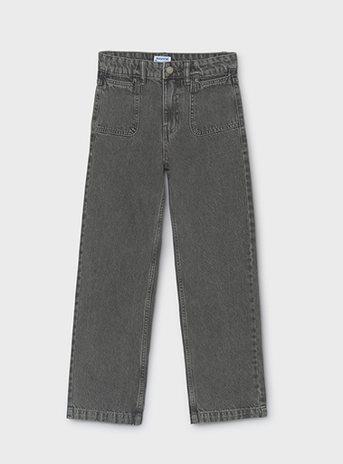 Blue jeans displayed on a gray background