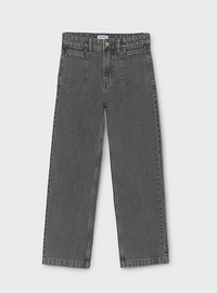 Blue jeans displayed on a gray background