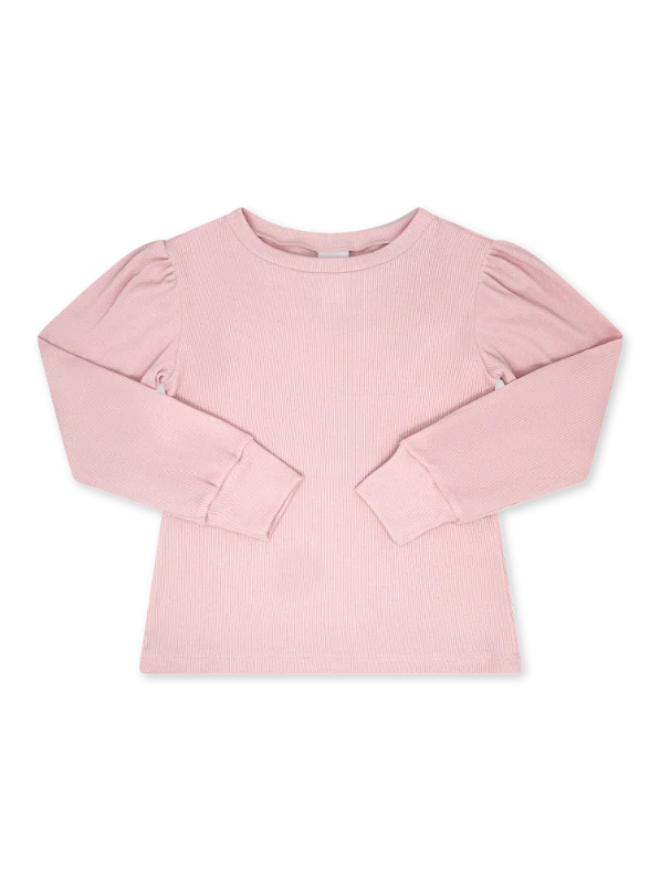 A light pink long-sleeve top with a ribbed texture and puffed sleeves, laid flat on a white background.