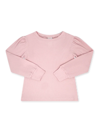 A light pink long-sleeve top with a ribbed texture and puffed sleeves, laid flat on a white background.