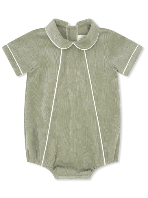 A baby short-sleeve romper in sage green velour with white piping details, featuring a Peter Pan collar, laid flat on a white background.