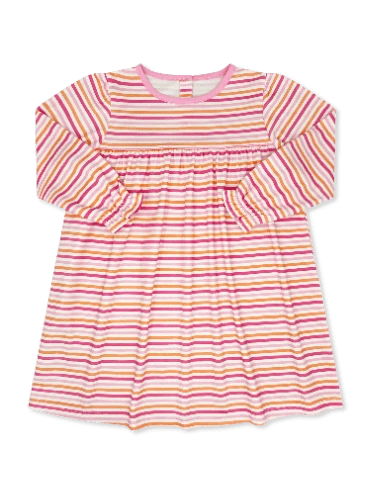 A long-sleeve babydoll top with horizontal pink, orange, yellow, and white stripes, featuring a smocked chest and a ruffled hem.