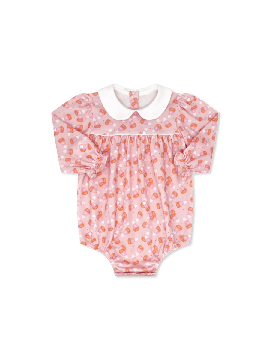 A baby girl's long-sleeve bodysuit in light pink with a white Peter Pan collar and an allover orange and white pattern, shown flat on a white background.
