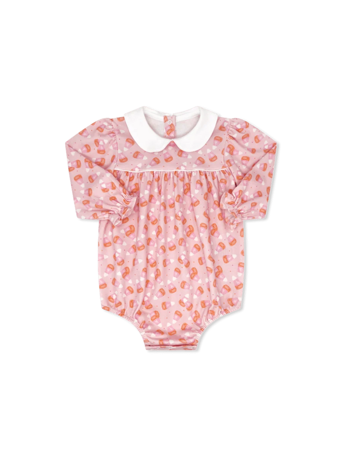 A baby girl's long-sleeve bodysuit in light pink with a white Peter Pan collar and an allover orange and white pattern, shown flat on a white background.