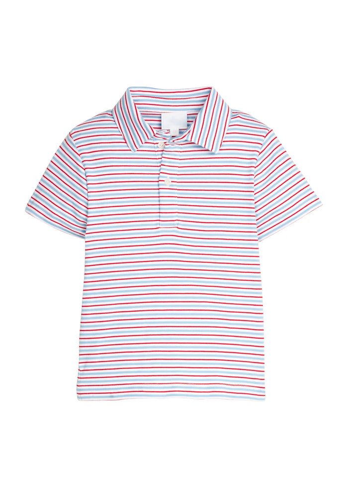 A short-sleeve polo shirt with thin red and blue horizontal stripes on a white base, featuring a classic collar and a two-button placket.