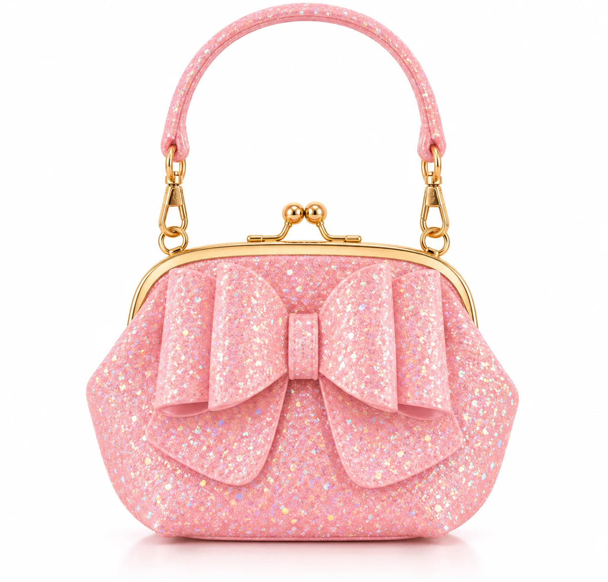A pink glitter kiss-lock handbag with a large bow on the front, a top handle, and gold-tone metal hardware, shown on a clean white background.