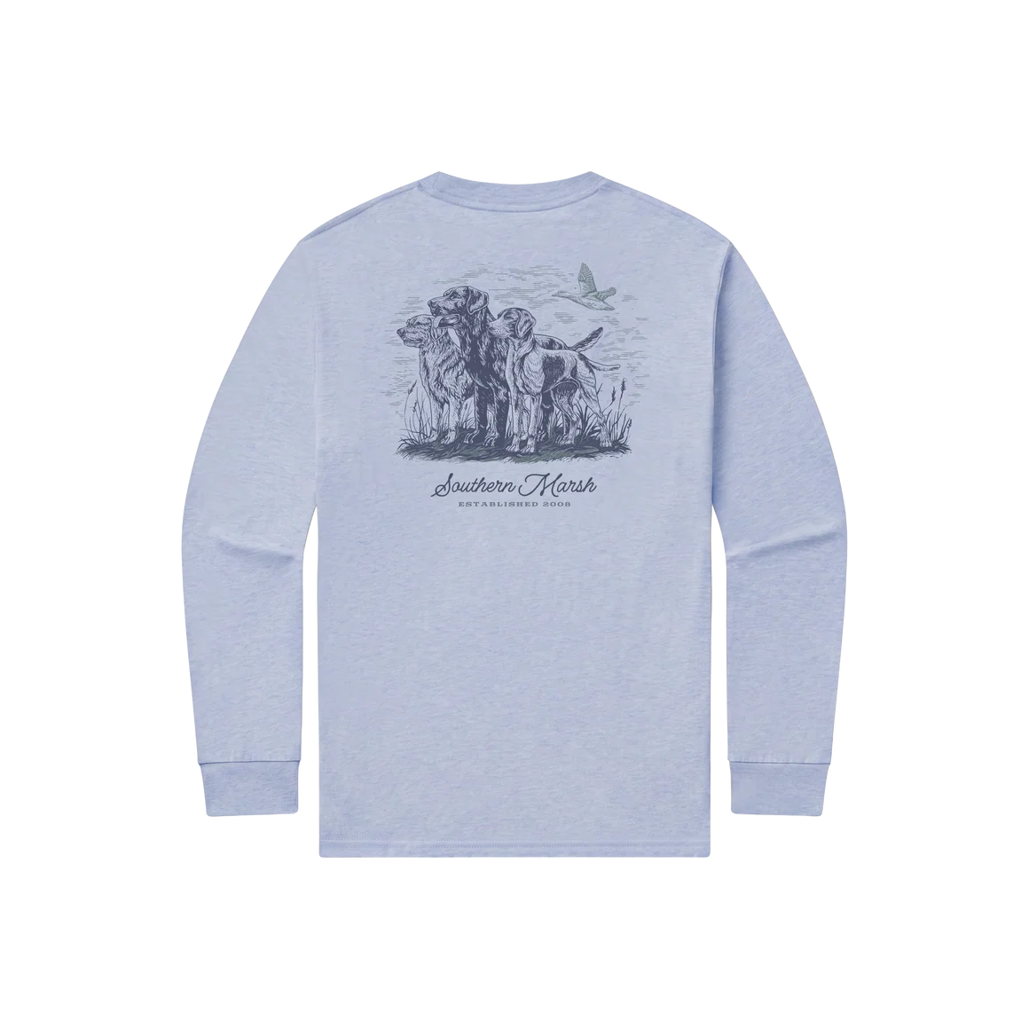 A light periwinkle blue long-sleeve t-shirt shown from the back, featuring a dark gray graphic print of a dog, cat, and horse with the text 'Southern Marsh' and 'The Southern Marsh Co.'.