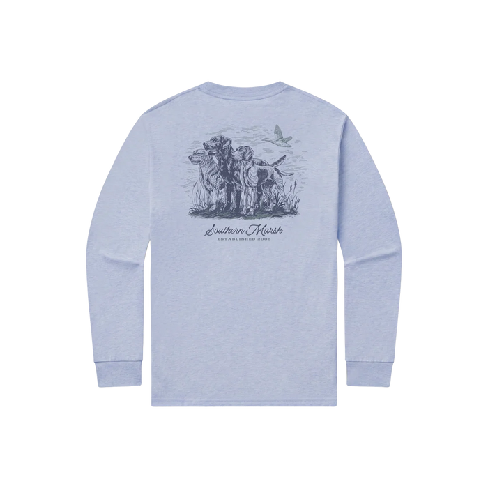 A light periwinkle blue long-sleeve t-shirt shown from the back, featuring a dark gray graphic print of a dog, cat, and horse with the text 'Southern Marsh' and 'The Southern Marsh Co.'.