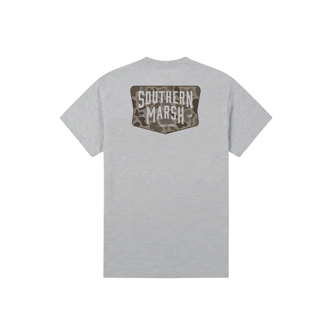 A light gray heather crewneck t-shirt shown from the back, featuring a camouflage patch graphic with the words 'SOUTHERN MARSH' in white block letters.