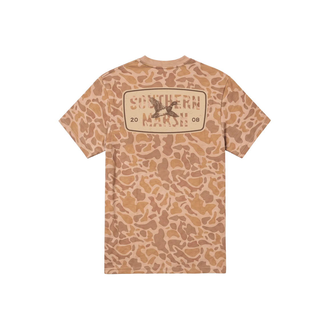 A short-sleeve t-shirt with a tan and brown camouflage pattern, featuring a large graphic print on the back with the text 'SOUTHERN MEATS' and a bird logo.